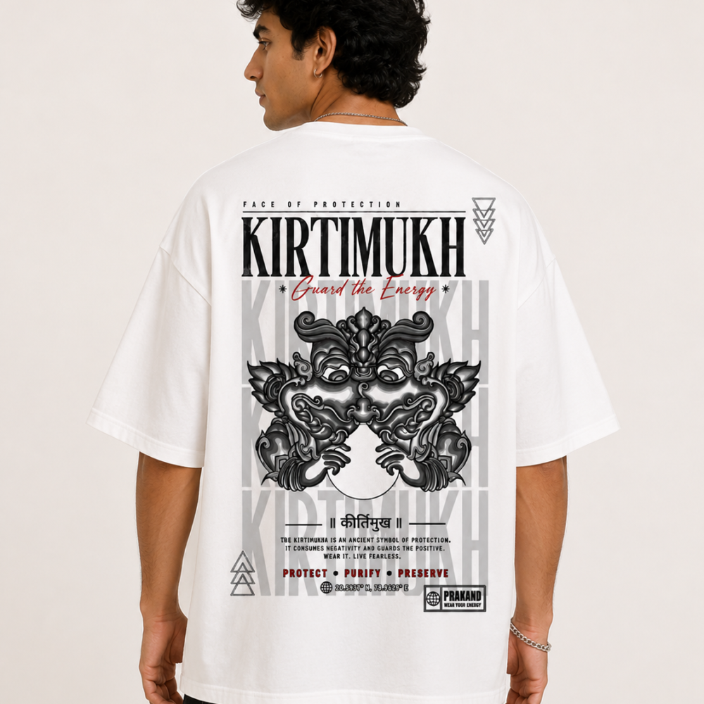 PRAKAND Unisex Oversize White Graphic T shirt | Kirtimukh Typography Back