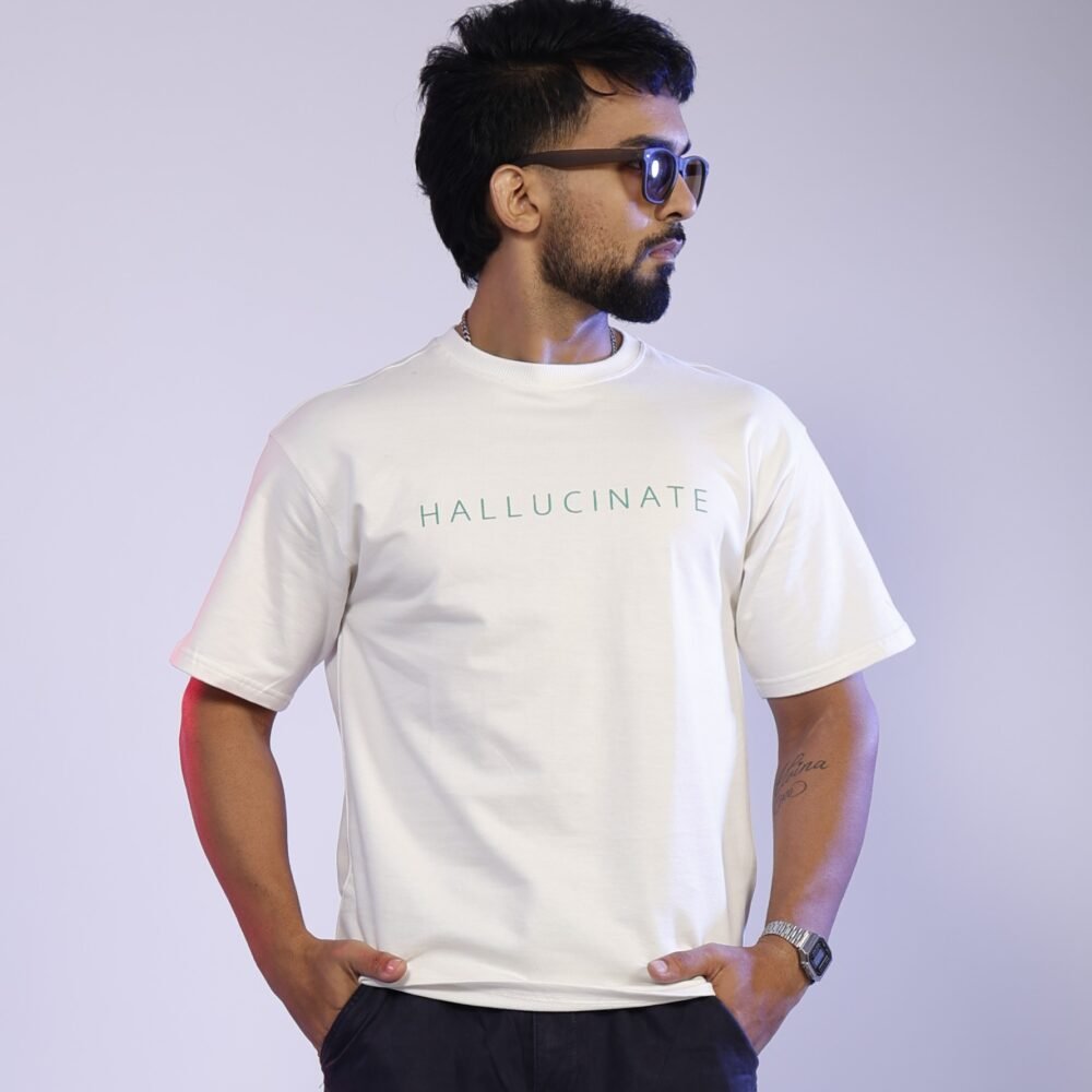 PRAKAND Unisex Oversized White Graphic T-Shirt | Hallucinate Typography Back Print Green